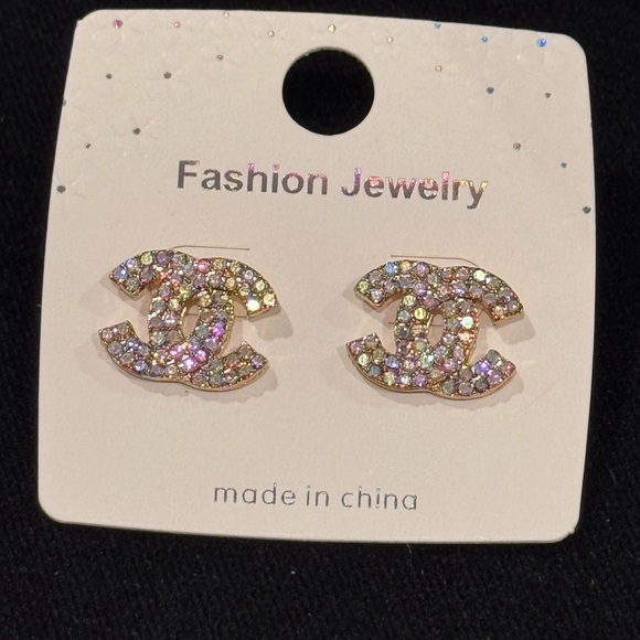 Fashion Jewelry Jewelry - Fashion Jewelry Gold Tone Iridescent Crystal Monogram Earrings .5 inch